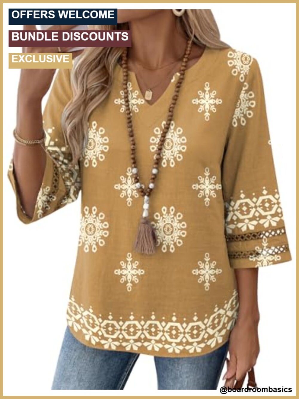 Boho Floral Cotton Linen 3/4 Sleeve V Neck Tunic Blouse Lace Trim